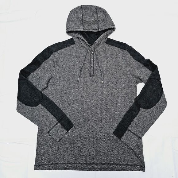Marc Anthony Mens Large Hoodie Pullover Sweater Henley Herringbone Elbow patches - Picture 2 of 7